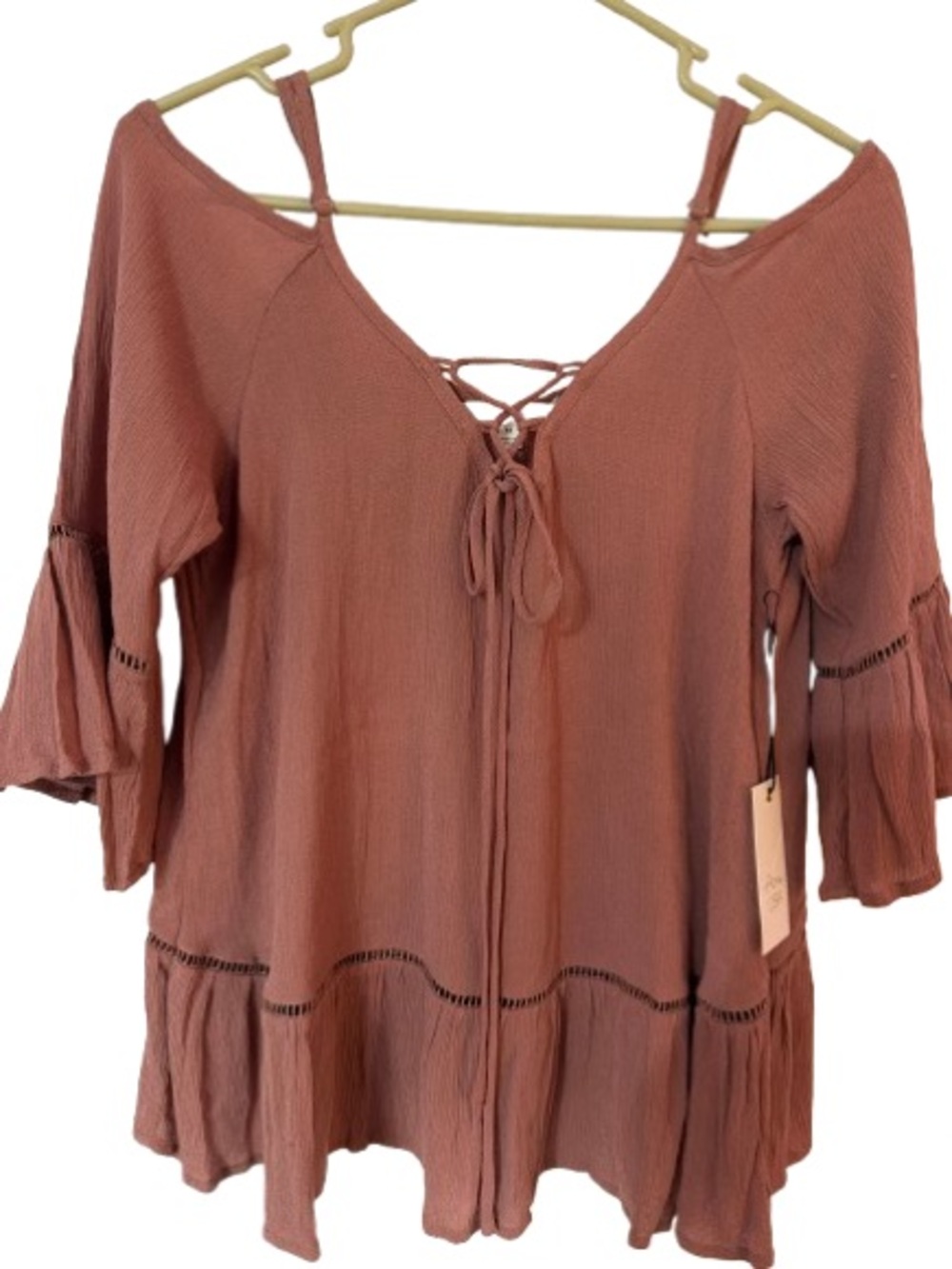 Active USA Boho Cold Shoulder Blouse Mauve/Pink Tie-Front Bell Sleeves Size Med